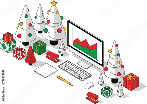 Isometric illustration of a desk decorated for Christmas, featuring a computer with a chart, presents, and trees