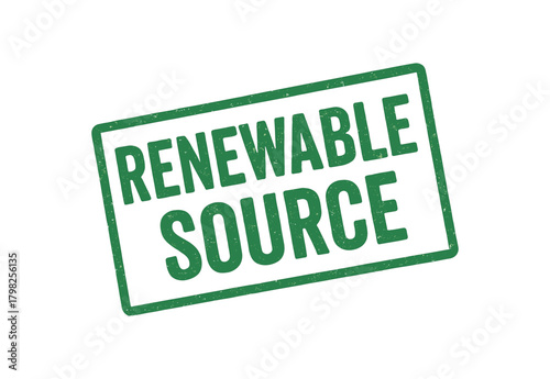 Green rubber stamp text RENEWABLE SOURCE rectangular outline bold capital letters distressed texture rotation isolated on white background vector illustration clean minimal style