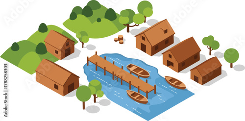 Isometric illustration of a rustic lakeside village with wooden houses, a long pier, and small boats docked on bright blue water
