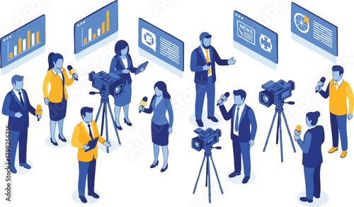Isometric illustration of a press conference or media scrum with reporters, camera operators, and floating data screens indicating news and statistics