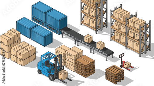 Isometric illustration of a warehouse with shipping containers, boxes on shelves, a forklift, and a conveyor belt