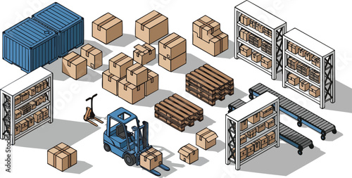 Isometric illustration of a warehouse with boxes, storage racks, a shipping container, and a forklift. Logistics and cargo transportation concept