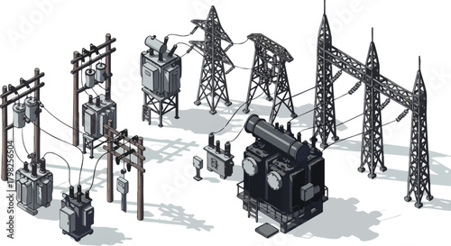 Isometric illustration of an electrical power grid. High-voltage transmission towers, power poles, and various transformers are interconnected