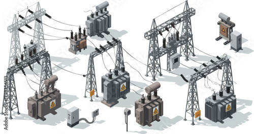 Isometric illustration of an electrical power substation with transformers, power lines, and infrastructure