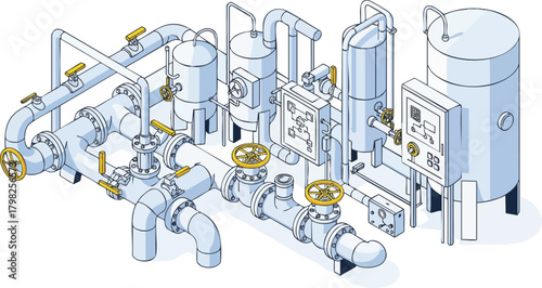 Isometric illustration of an industrial plant with pipes, valves, and tanks