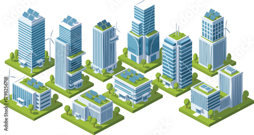 Isometric illustration of eco-friendly buildings. Vector design featuring sustainable energy sources like solar panels and wind turbines