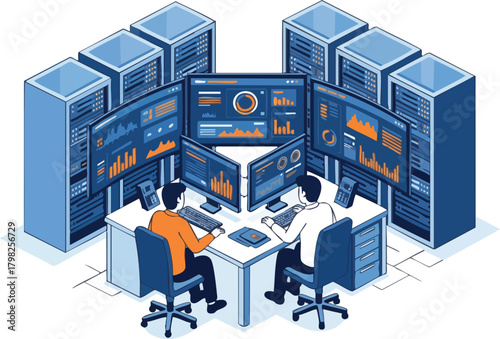 Isometric illustration of data center operators monitoring server activity