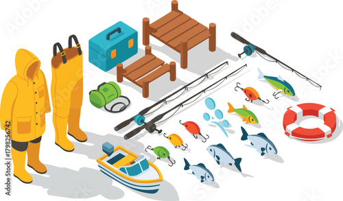 Isometric illustration of fishing gear, including rods, lures, a boat, tackle box, and protective clothing