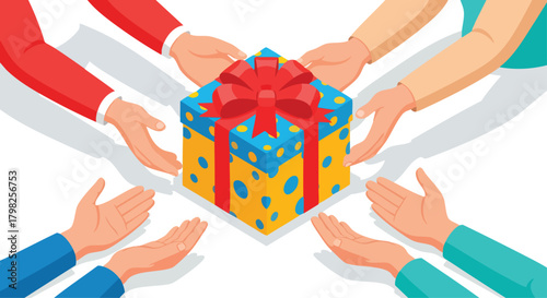 Isometric illustration of hands reaching for a gift box. Presents a concept of giving, receiving, sharing, and teamwork
