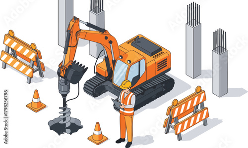 Isometric illustration of heavy machinery drilling a foundation hole at a construction site