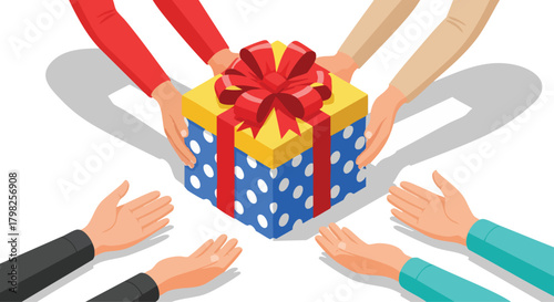 Isometric illustration of sharing a colorful wrapped gift box among several hands, symbolizing generosity, donation, and receiving presents
