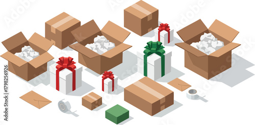 Isometric illustration of shipping boxes, some open with packing paper, alongside gift boxes with ribbons, tape, and envelopes