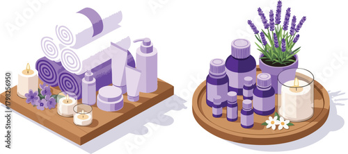 Isometric illustration of spa and aromatherapy supplies, featuring lavender, essential oils, towels, and candles, symbolizing relaxation and wellness
