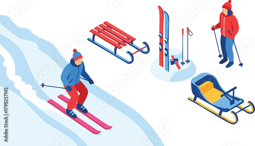Isometric illustration of winter sports and activities. Includes skiing, sledding, and winter gear