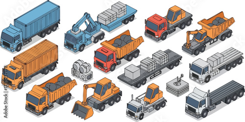 Isometric illustration set of various construction and logistics trucks, dumpers, flatbeds, and specialized machinery for transport and industry concepts