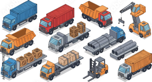 Isometric illustration set of various commercial vehicles including container trucks, dump trucks, flatbed trucks with cargo, and a forklift