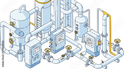 Isometric industrial facility illustration: pipes, tanks, control panels