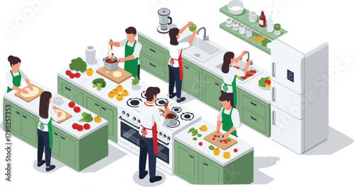 Isometric kitchen scene showing people preparing food