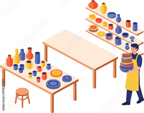 Isometric pottery studio scene. A potter carries a stack of colorful bowls near tables displaying finished ceramic vases, mugs, and plates