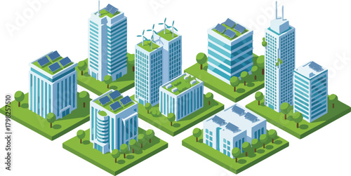 Isometric set of green city skyscrapers featuring sustainable architecture