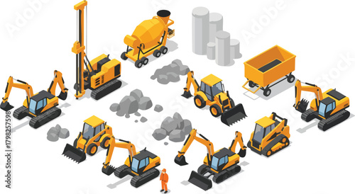 Isometric vector collection of heavy construction vehicles and machinery. Features excavators, a concrete mixer, and a drilling rig