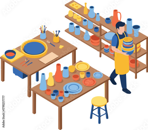 Isometric vector illustration of a potter carrying finished ceramic bowls in a pottery studio