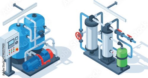 Isometric vector illustration of industrial water purification and treatment systems