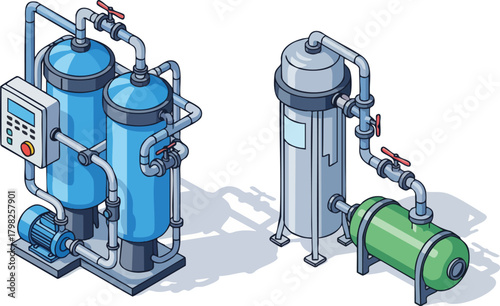 Isometric vector illustration of industrial water purification systems. Features tanks, pumps, control panels, and piping with valves