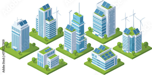 Isometric vector illustration of modern green buildings with solar panels and wind turbines