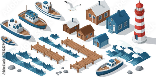 Isometric vector illustration of seaside elements. Includes boats, lighthouse, pier, houses, waves, and seagull