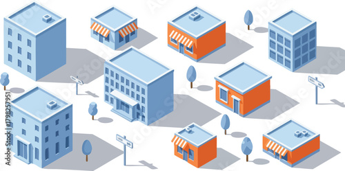 Isometric vector illustration of various city buildings and shops with trees and street signs. Modern urban landscape design
