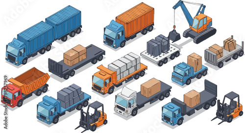 Isometric vector illustration of various trucks and a forklift, ideal for logistics, transportation, and delivery services