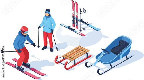 Isometric vector illustration of winter sports equipment and leisure activities