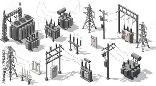 Isometric vector set of electrical components, featuring power transformers, high-voltage pylons, insulators, and utility poles