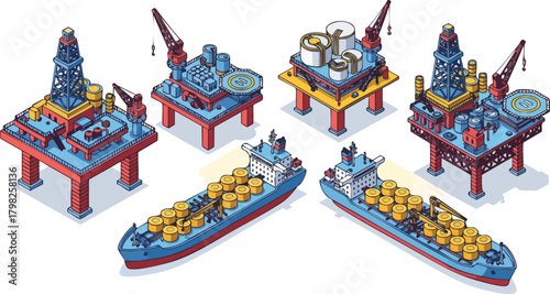 Isometric vector set showing the offshore oil industry supply chain
