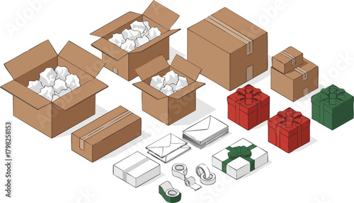 Isometric vector set of shipping and packaging supplies, including various sized cardboard boxes, open parcels with cushioning, gift boxes, envelopes, and tape rolls