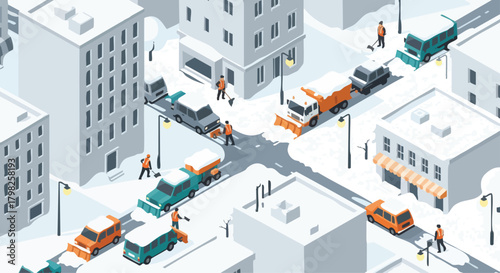 Isometric view of city streets being cleared of snow after a blizzard with snowplows and workers shoveling