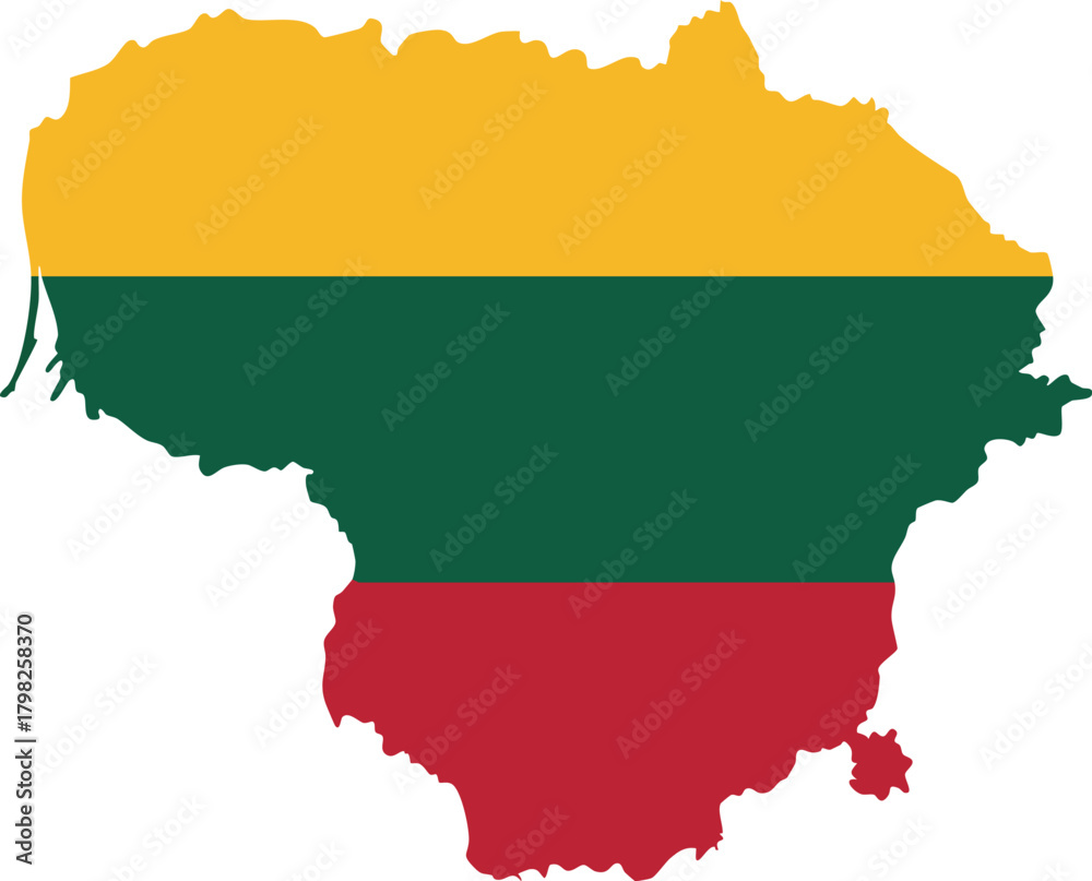 Obraz premium Lithuania map outline with flag colors. This vector illustration depicts the country's shape filled with yellow, green, and red