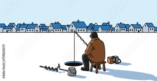 Man ice fishing on a frozen lake near a suburban neighborhood