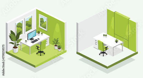 Modern isometric green office illustrations. One shows a home office with a computer and plants. The other is a minimalist cubicle