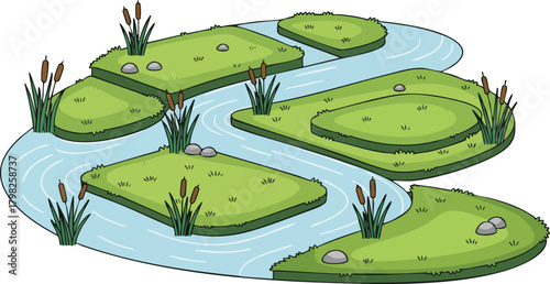 Scenic cartoon river illustration with grassy islands. A colorful scene shows a winding stream with lush green patches and cattails