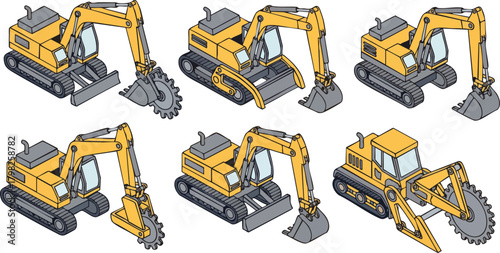 Set of isometric illustrations featuring yellow construction excavators with various attachments like buckets and cutting wheels for heavy work