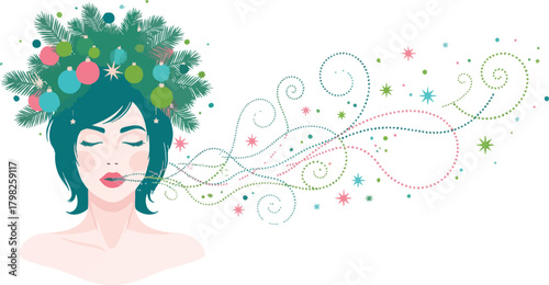 Stylized vector illustration of a woman blowing holiday magic with a Christmas wreath hairdo featuring ornaments and sparkling festive swirls