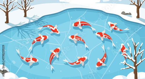 Vibrant red and white koi fish swim gracefully beneath the cracked surface of a frozen pond in a serene winter landscape