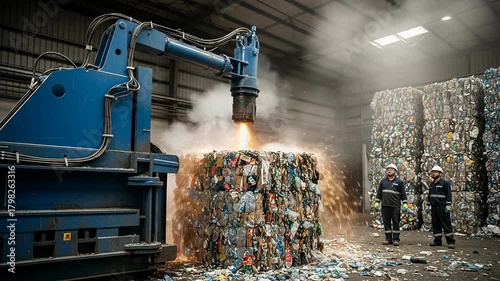 Hydraulic baler compresses mixed recyclables in industrial setting with sparks and dust.