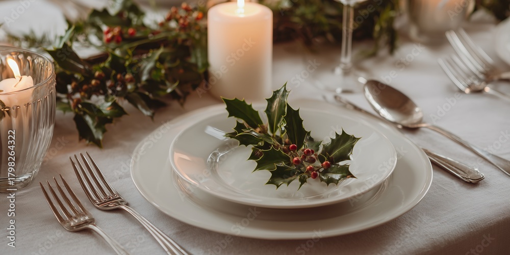 Fototapeta premium Elegant Christmas table setting with holly decoration and candles. Concept: timeless holiday style, minimalism with natural elements.