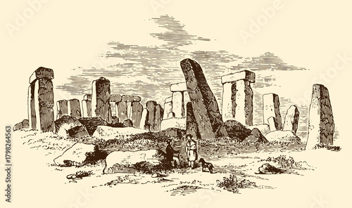 Vintage engraving of ancient stone circle stonehenge with two visitors observing the massive megalithic structure