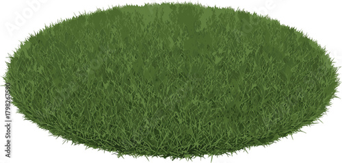 A realistic circular patch of lush green lawn grass or meadow turf isolated on a clean white background for nature-themed design