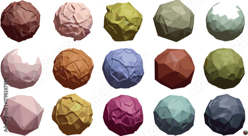 Collection of Stylized Crumpled Paper Spheres Varied Colors and Textures in Geometric Design