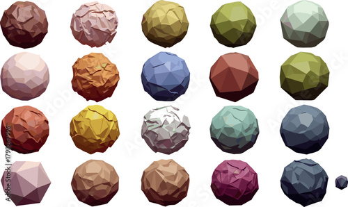Collection of Low-Poly Spheres Abstract Geometric Balls in Various Colors and Textures